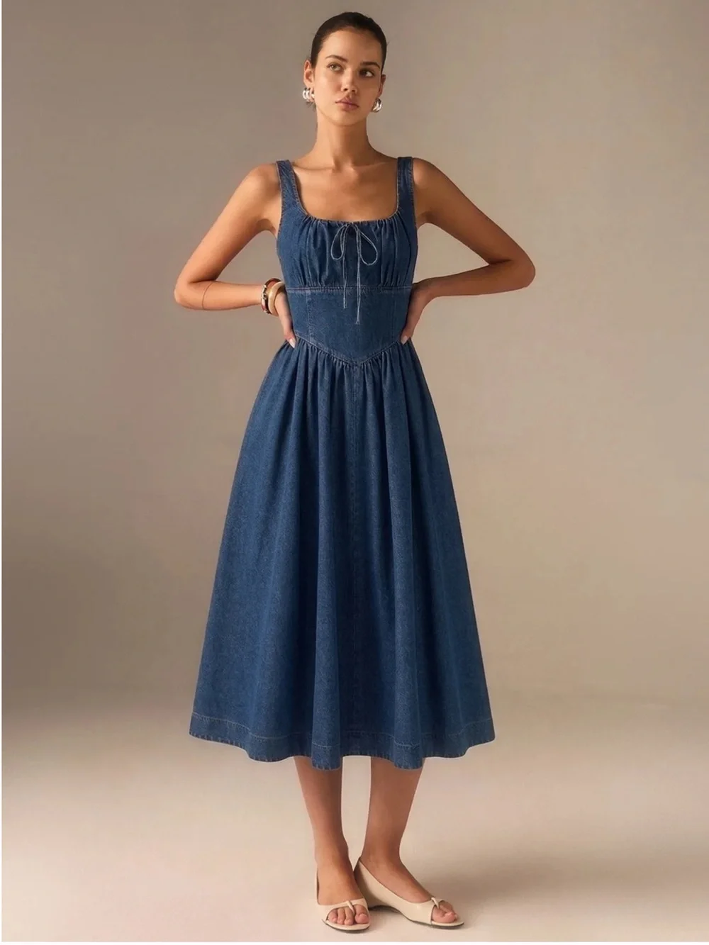 Commense Blue Denim Tie-Front Midi Dress XS | Coastal City Dress - Picture 3 of 7